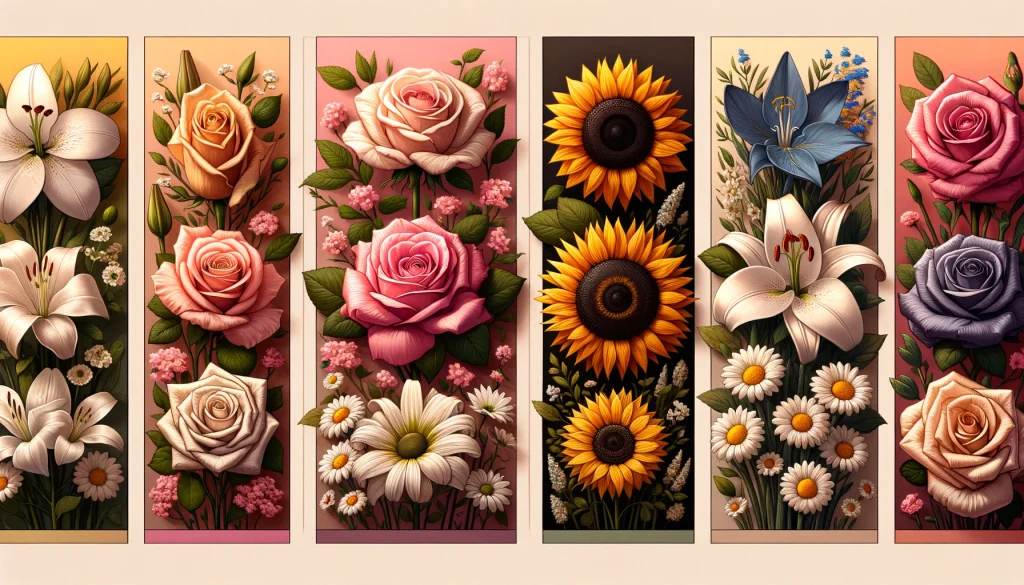 An illustrated banner divided into five panels, each featuring a type of flower and its symbolic meaning. From left to right: a panel with white lilies for purity and renewal, a panel with lush pink peonies for prosperity and good fortune, a vibrant panel with bold sunflowers representing adoration and loyalty, a calming panel with blue lilies symbolizing purity, and a final panel with cheerful white daisies conveying innocence and new beginnings. Each flower is intricately detailed and set against a warm background.